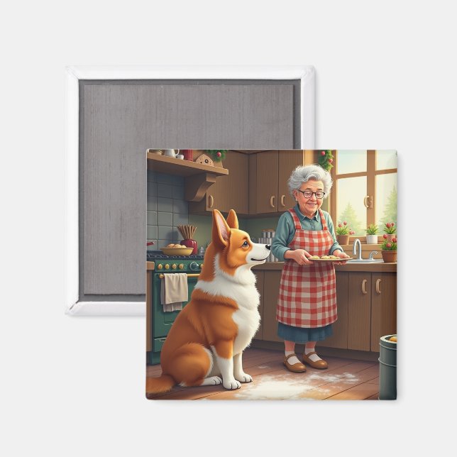 Corgi bakar med farmor julmålning magnet (Front/Back)