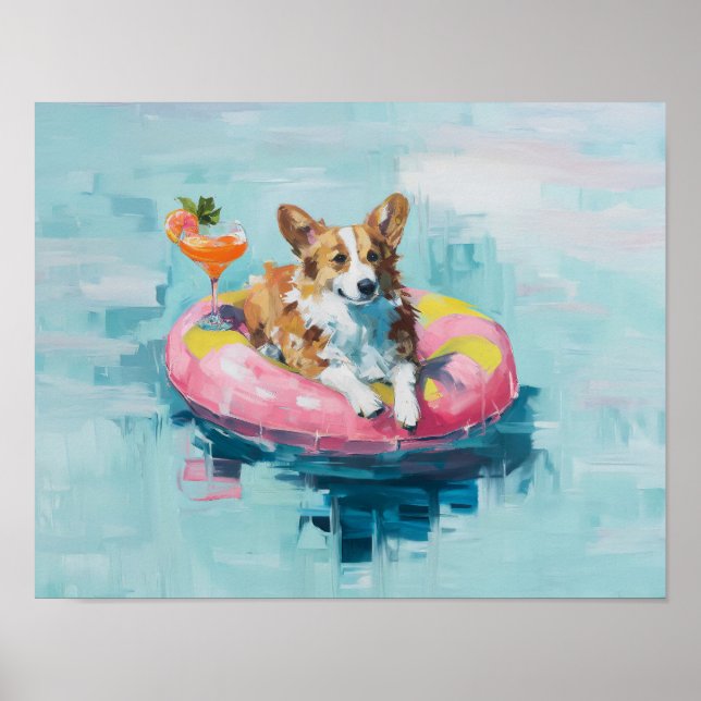 Corgi Bassäng Flyter konsthämtning: Wall Hund Deco Poster (Framsidan)