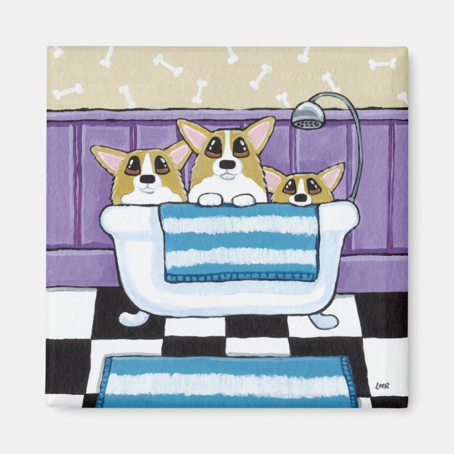 Corgi Bath Time - Cute Hund Art Magnet (Framsidan)