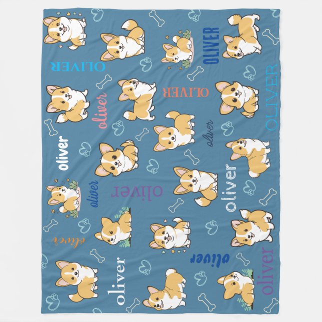 Corgi Ben Hjärta Blå Mönsterdesign Fleecefilt (Framsidan)