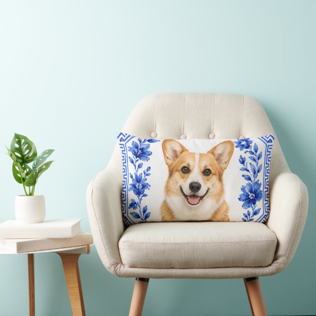 Corgi Blå & Vit Chinoiserie Kuddé Lumbarkudde (Stol)