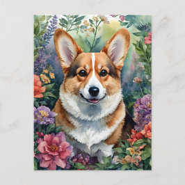Corgi Blommigt Watercolor Porträtt Vykort