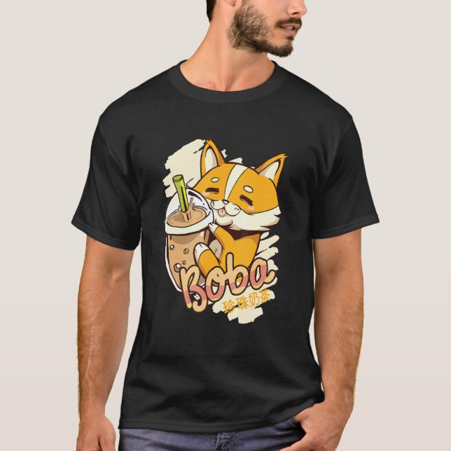 Corgi Boba Bubble Milk Tea Grafik T Shirt (Framsida)
