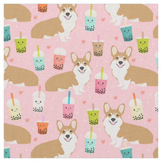 corgi boba tea rosa kawaii tyg (Närbild)