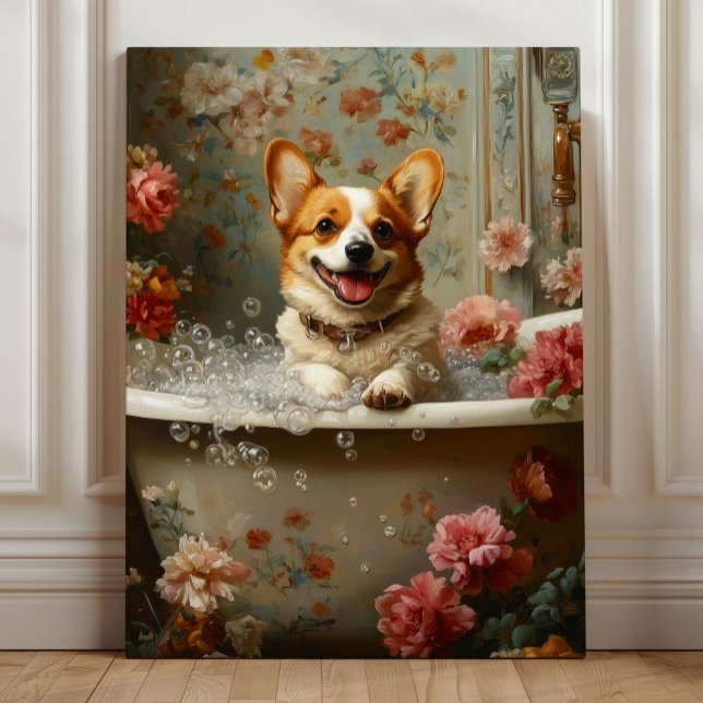 Corgi Bubble Bad Glädje Canvastryck (Corgi Bubble Bath Joy – Whimsical Floral Dog Bathroom Art by Nicole Cossairt)