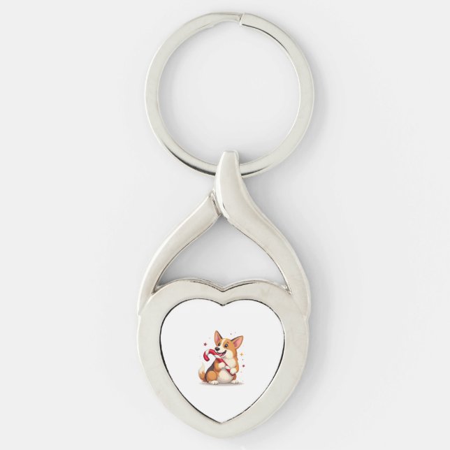 Corgi Candy cane Joy hund Twisted Heart Silverfärgad Nyckelring (Framsidan)
