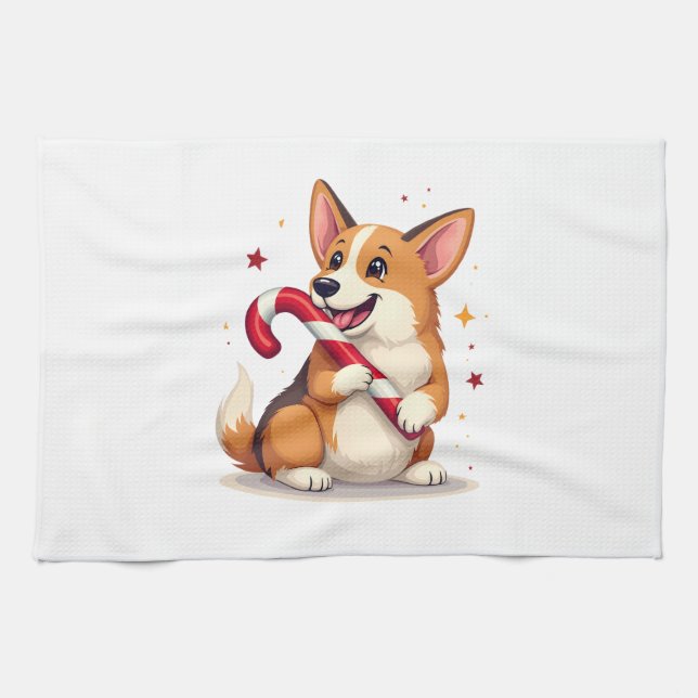 Corgi Candy Cane Joy Kökshandduk (Horisontell)
