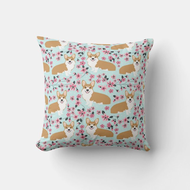 Corgi Cherry Blommar Pillow Kudde (Framsida)