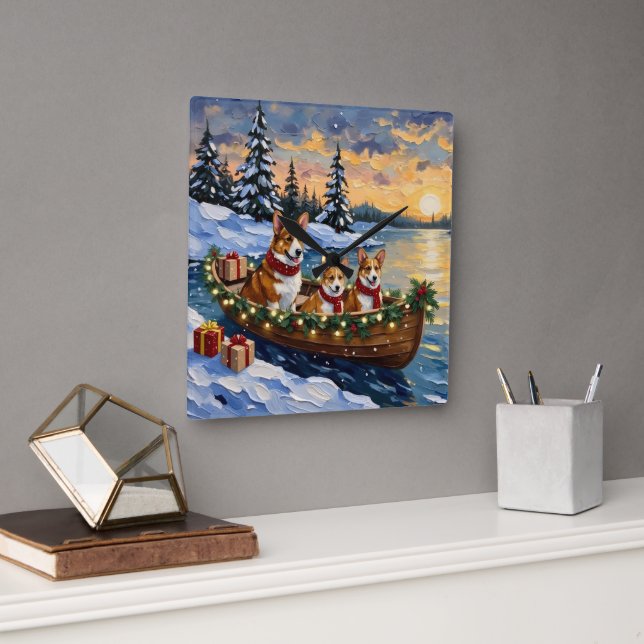 Corgi Christmas Boat Holiday Fyrkantig Klocka (Kontor)