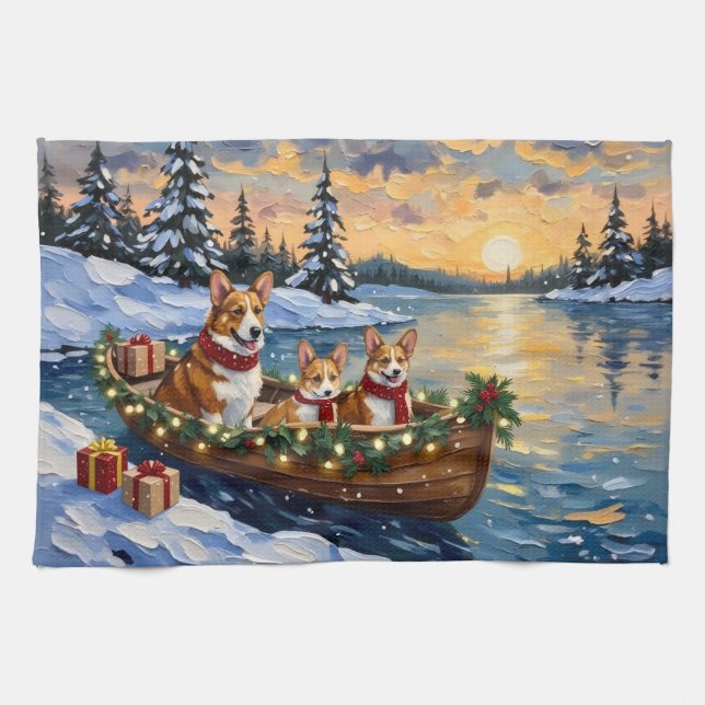 Corgi Christmas Boat Holiday Kökshandduk (Horisontell)