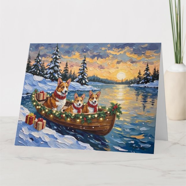 Corgi Christmas Boat Holiday Kort (Framsida)