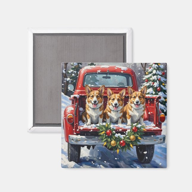 Corgi Christmas Red Truck Holiday Magnet (Front/Back)