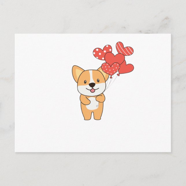 Corgi Cute Animals med hearts-ballonger till Vykort (Framsida)