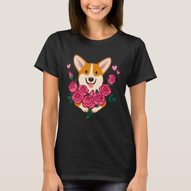 Corgi dog holding a bouquet of roses women Valenti T Shirt (Framsida)