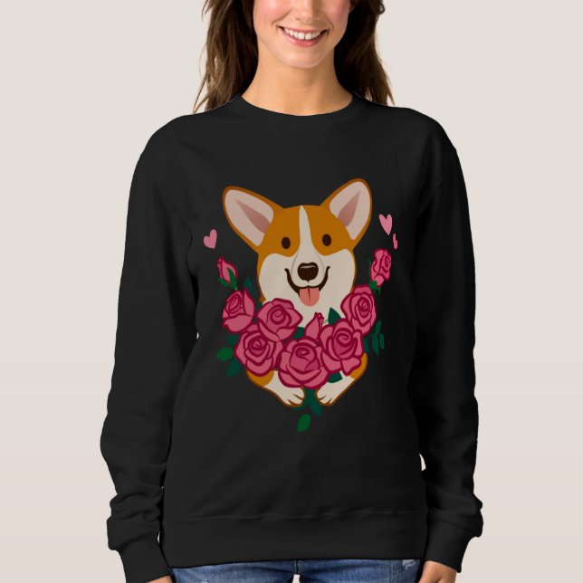 Corgi dog holding a bouquet of roses women Valenti T Shirt (Framsida)