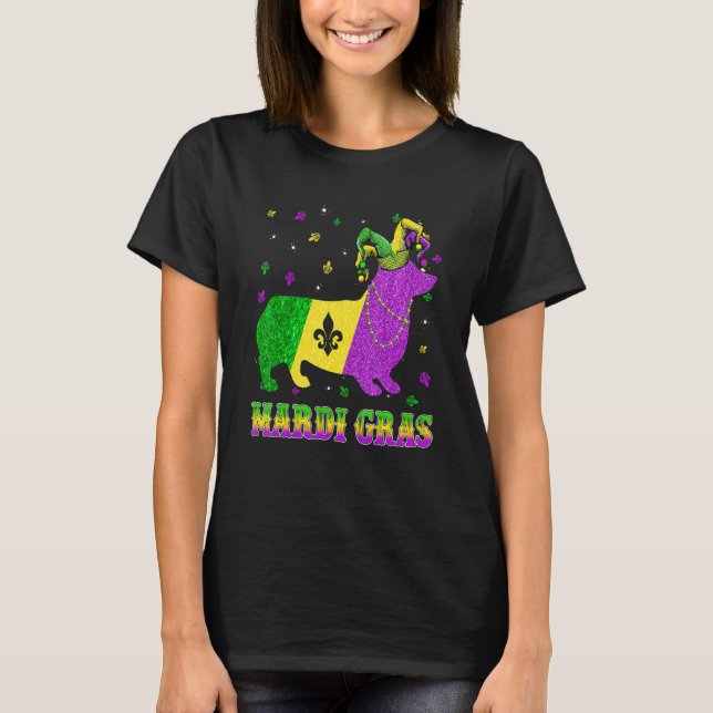 Corgi Dog Mardi Gras Carnival Jester Beads T Shirt (Framsida)