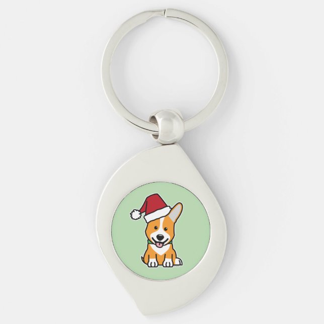 Corgi dog puppy Pembroke Welsh Christmas Santa hat Swirl Silverfärgad Nyckelring (Framsidan)