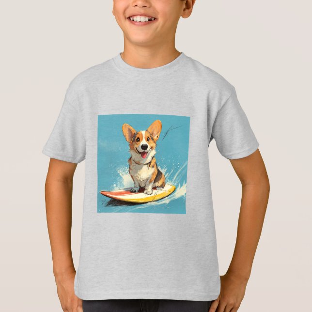 Corgi Dog Riding Surfboard T Shirt (Framsida)
