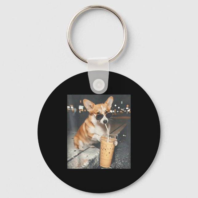 Corgi dricker iskaffe rolig djur meme corgi nyckelring (Framsida)