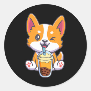 Corgi Drinking Boba Bubble Tea Drink Hund Anime Ka Runt Klistermärke