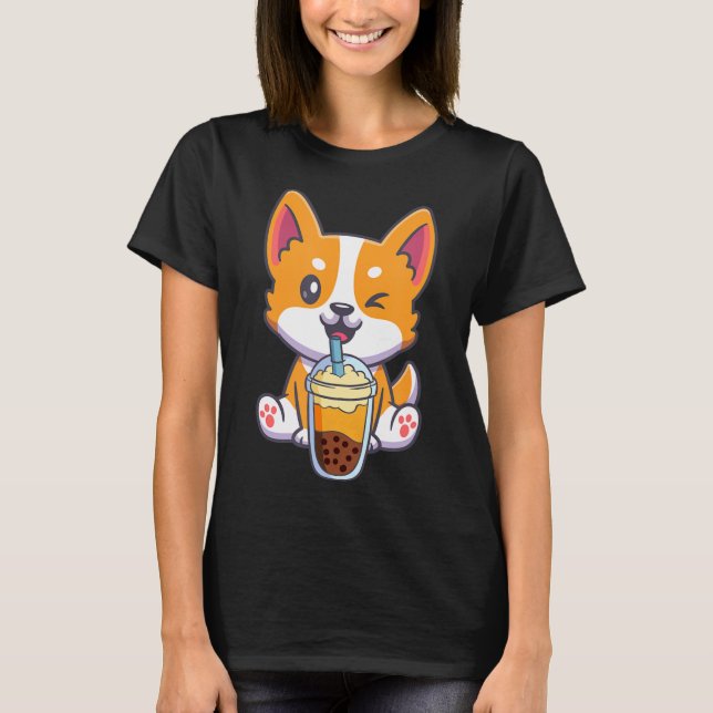 Corgi Drinking Boba Bubble Tea Drink Hund Anime Ka T Shirt (Framsida)