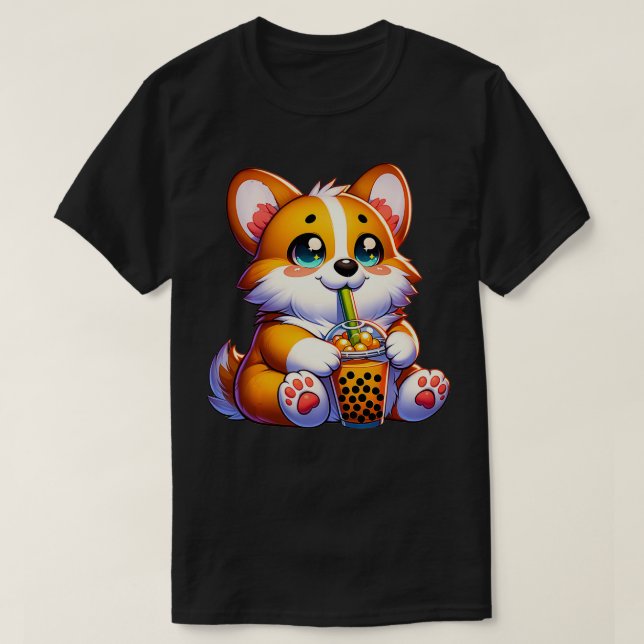 Corgi Drinking Boba T Shirt (Design framsida)