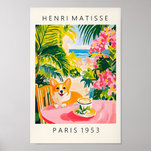 Corgi Drinking Coffee, Rolig hund Print, Rosa Kitc Poster (Framsidan)