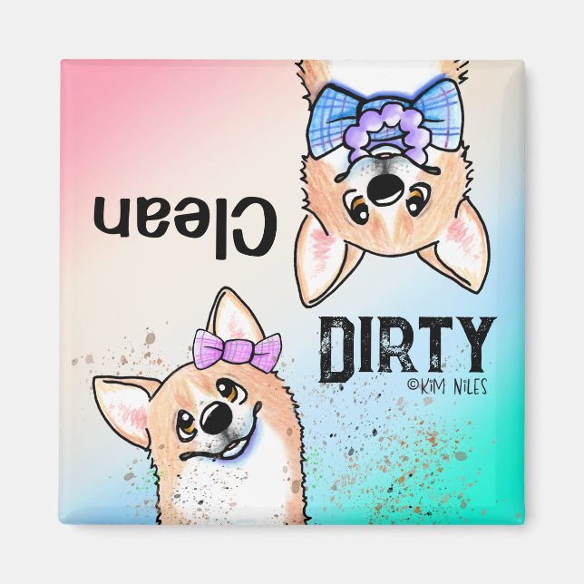Corgi duo Clean Dirty Dishwasher Magnet (Framsidan)