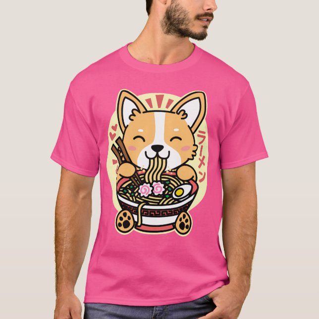 Corgi Eating Ramen Cute Kawaii Noodles T Shirt (Framsida)