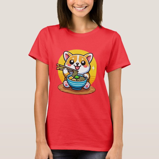 Corgi Eating Ramen T Shirt (Framsida)
