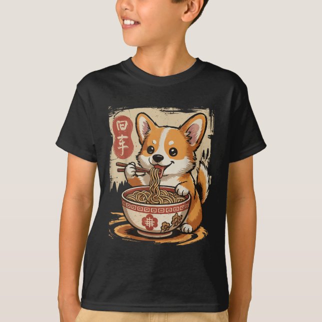 Corgi Eating Ramen T Shirt (Framsida)