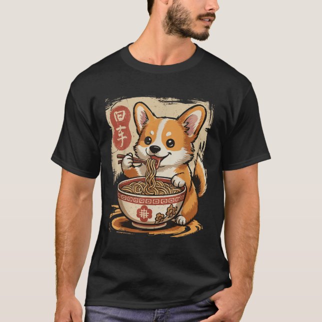 Corgi Eating Ramen T Shirt (Framsida)