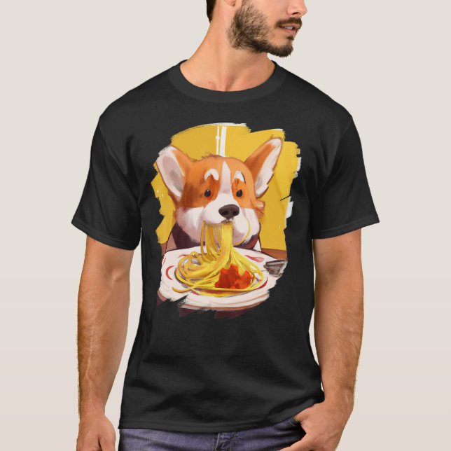 Corgi Eating Spaghetti Pasta Hund Italy Food T Shirt (Framsida)