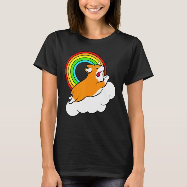Corgi Enhörning Regnbåge T Shirt (Framsida)