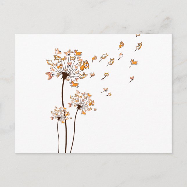 Corgi Flower Fly Dandelion Shirt Cute Hund älskare Vykort (Framsida)