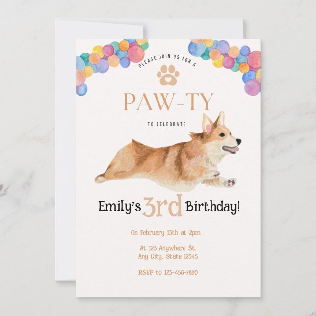 Corgi-födelsedagsinbjudan Pawty Inbjudningar (Framsida)