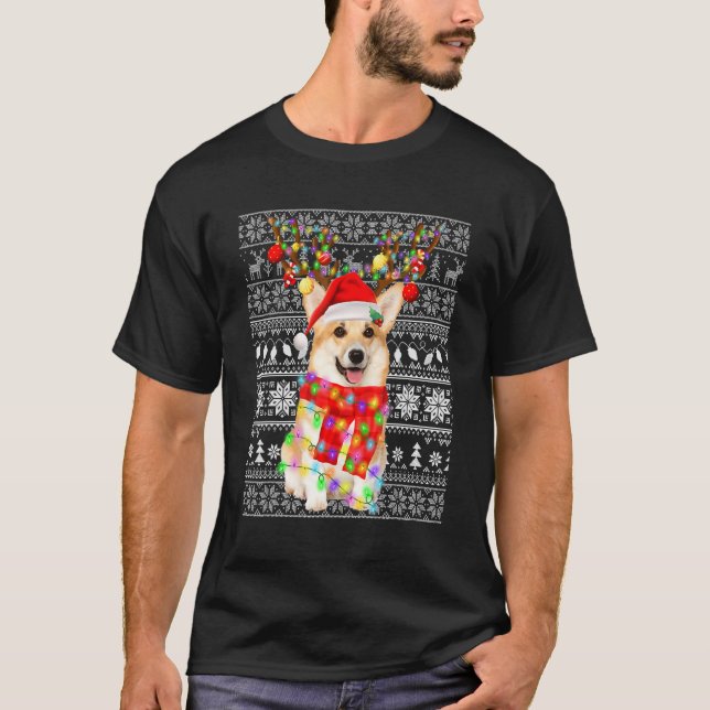 Corgi fulstora jul renlyktor för hund t shirt (Framsida)