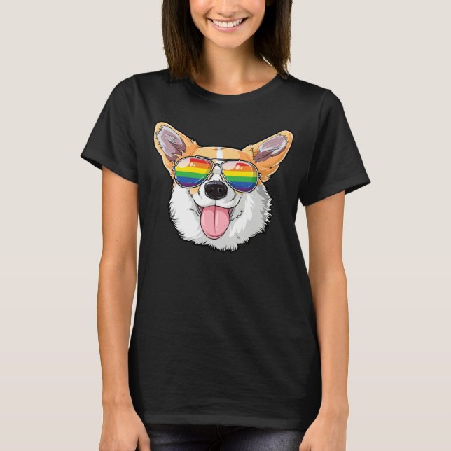 Corgi Gay Pride LGBT Rainbow Flag Sunglasses LGBTQ T Shirt (Framsida)