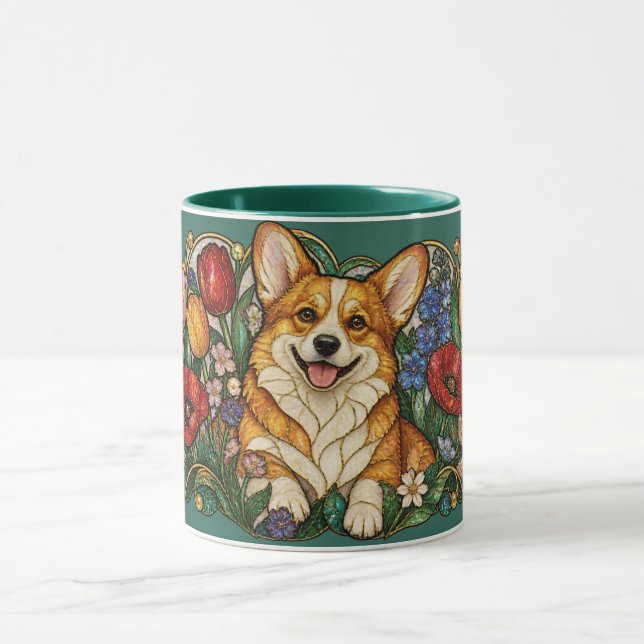 Corgi Glasmosaik Blommig Art Nouveau Mugg (Center)