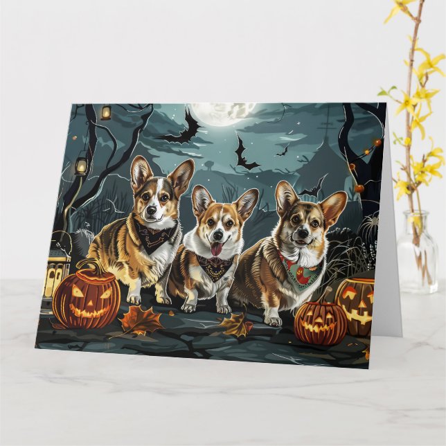 Corgi Halloween Spooky Kort (Gul blomma)