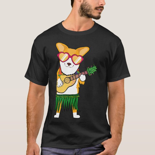 Corgi hawaiikostym spelar ukulele sommar t-shirt (Framsida)