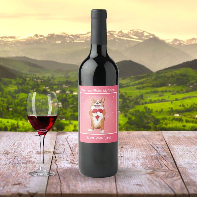 Corgi Holding A Heart Label Vinflaska Etikett (Skapare uppladdad)