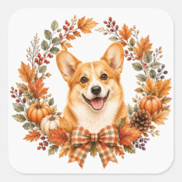 Corgi höstkrans fyrkantigt klistermärke