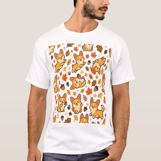 Corgi Höstlöv Fall Mönster T Shirt (Framsida)