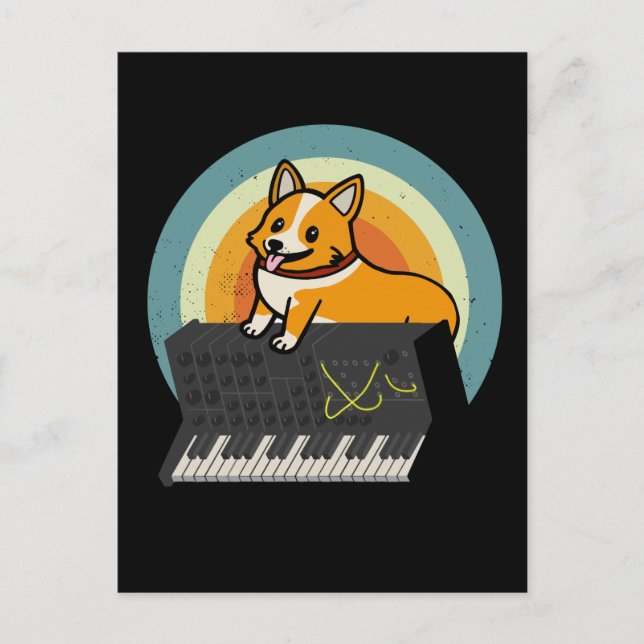 Corgi Hund Analog Drum Maskin Tangentbord Synthesi Vykort (Framsida)