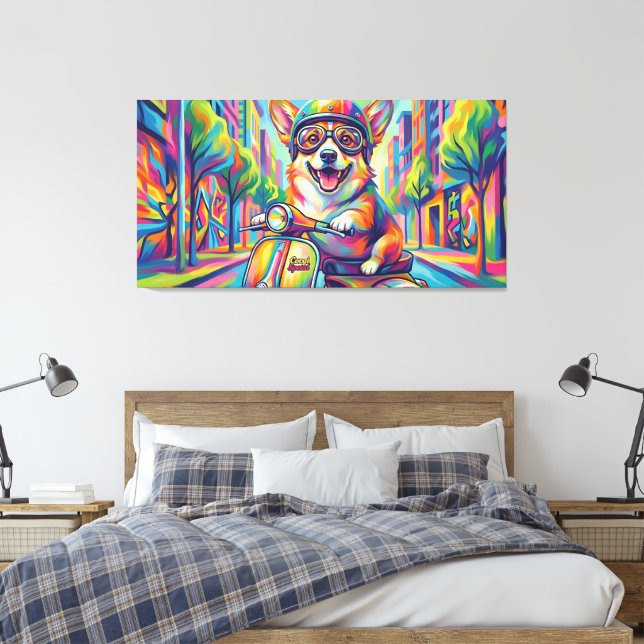 Corgi Hund auf Motorroller Pop Art Canvastryck (Insitu (sovrum))