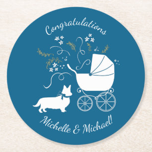 Corgi Hund Baby Shower Puppy Welsh Blue Boy Underlägg Papper Rund