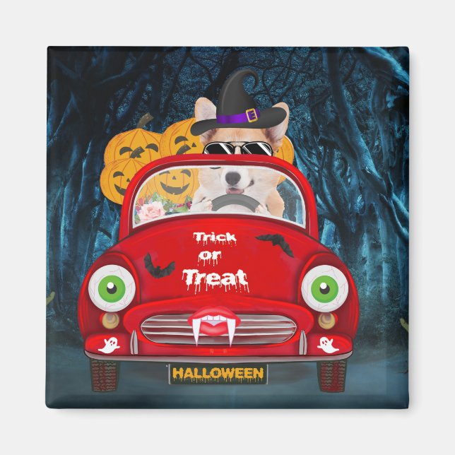 Corgi Hund Driving Car Scary Halloween Magnet (Framsidan)