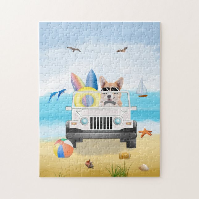 corgi Hund Driving on Beach  Pussel (Vertikal)