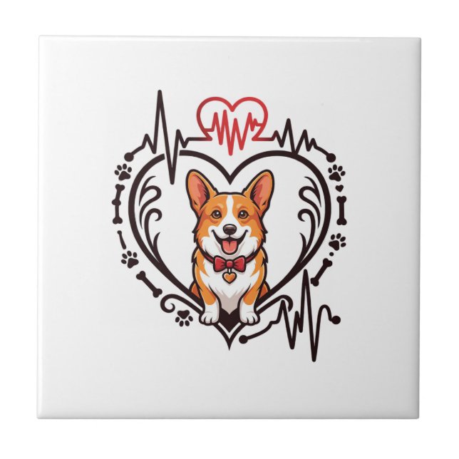 Corgi Hund Hjärta Hjärtfrekvens Ekg Flaska Tass Kakelplatta (Framsidan)
